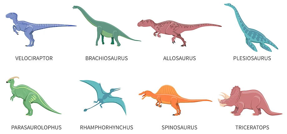 A drawing of eight different colourful dinosaurs