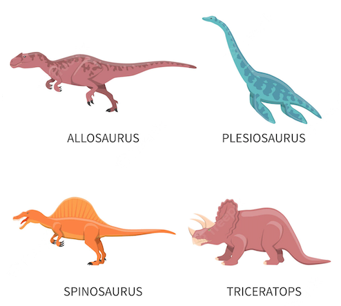 A drawing of four different colourful dinosaurs