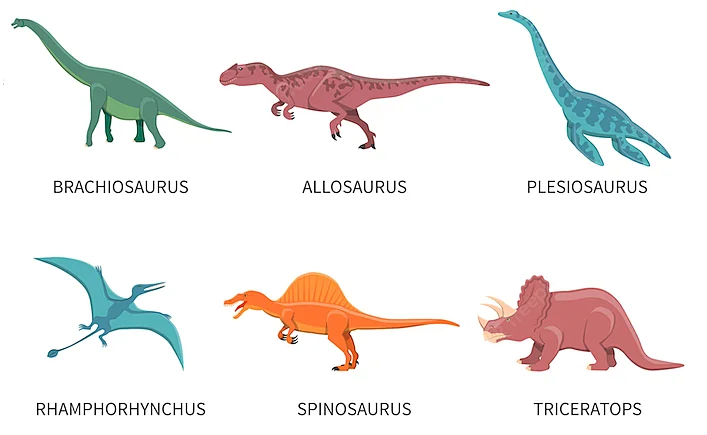 A drawing of six different colourful dinosaurs